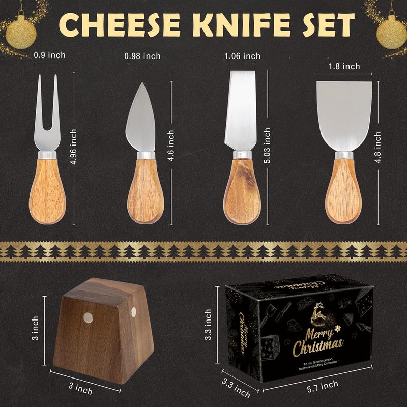 HEORIM Cheese Knife Set for Charcuterie - 4 Small Stainless Steel Cheese Knives and Fork with Magnetic Acacia Wood Holder - Charcuterie Board Accessories - Image 4